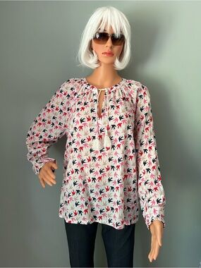 Boden Women's White Bird-Print Peasant Blouse with Tassel Tie